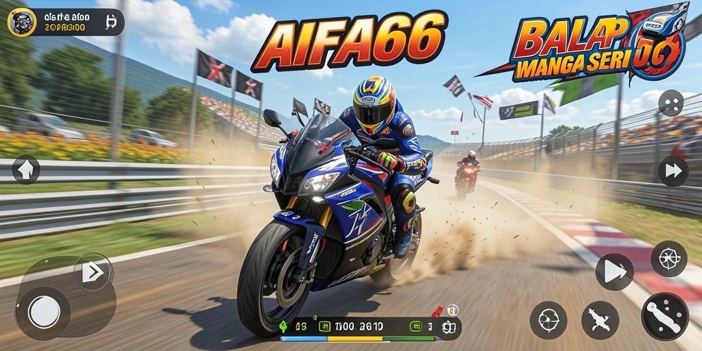 Screenshot gameplay AIFA66 menampilkan balapan motor yang mendebarkan.