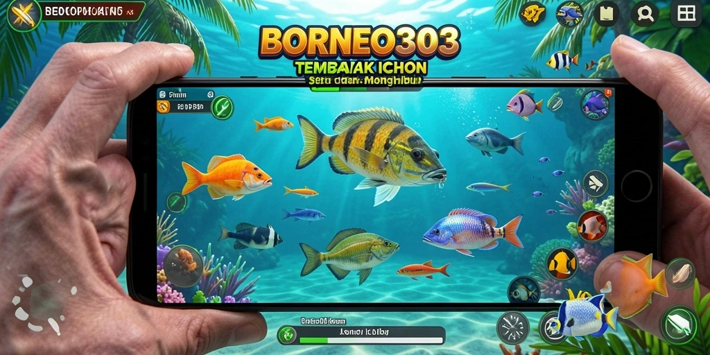 Tampilan gameplay seru dalam BORNEO303, menangkap ikan di lautan.