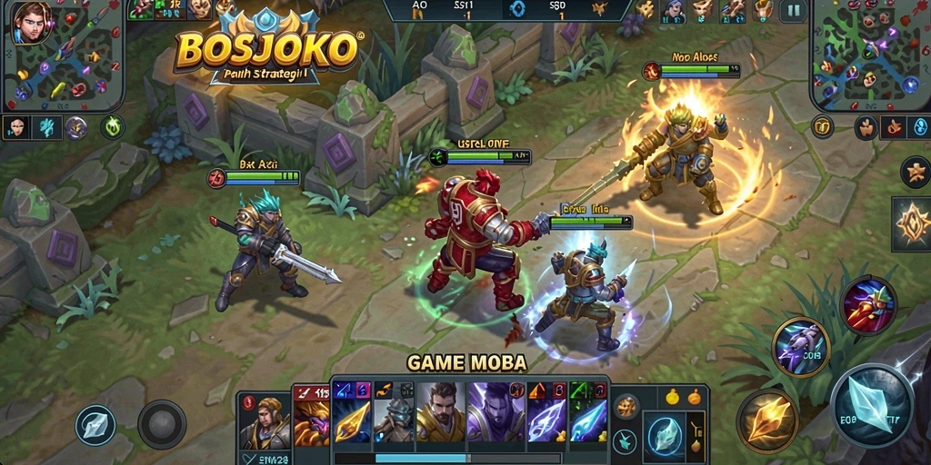 Tampilan gameplay MOBA yang seru dan mendebarkan di BOSJOKO.