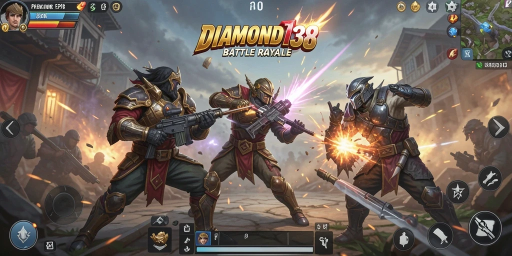Screenshot utama DIAMOND138 menampilkan aksi pertempuran seru di pulau.
