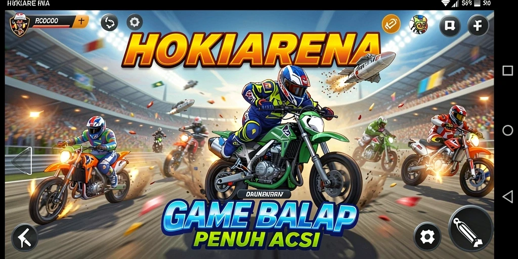 Gameplay seru HOKIARENA dengan mobil balap di trek yang menegangkan.