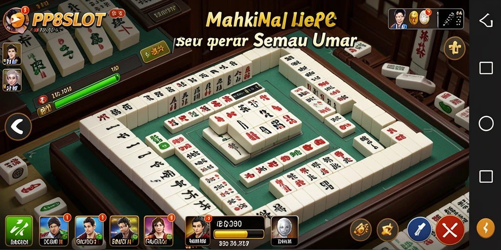 Tampilan gameplay seru PP8SLOT dengan mahjong tiles berwarna-warni.