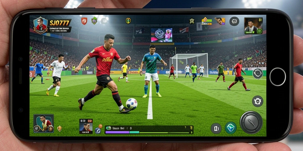 Screenshot dari gameplay SJO777 menampilkan aksi menegangkan di lapangan sepak bola.